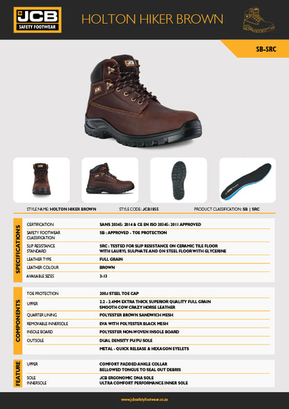 JCB Holton Hiker Brown Steel Toe Men's Boot - Premium Safety Boots from JCB Footwear - Just R 1406! Shop now at Securadeal