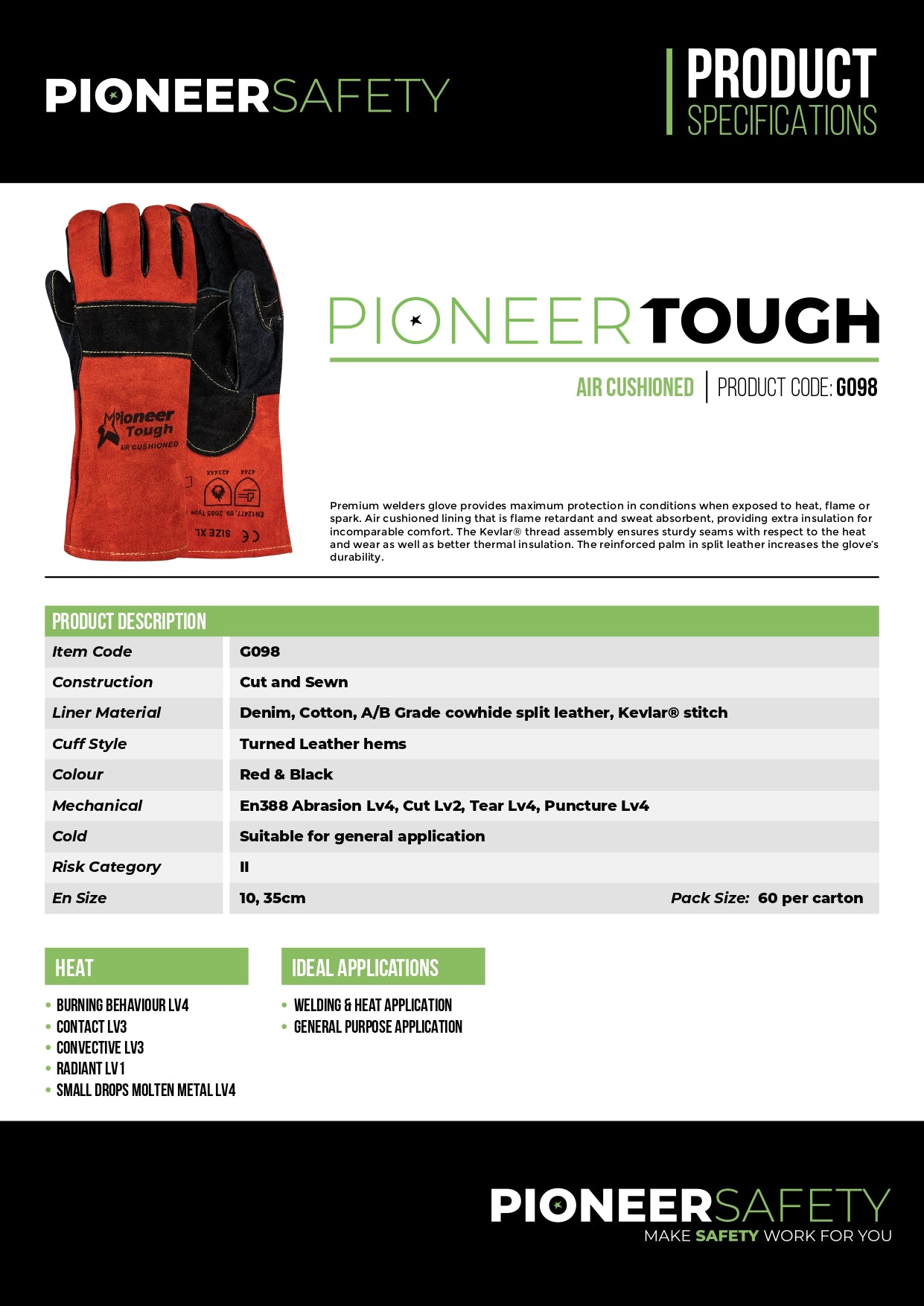 PIONEER SAFETY Gloves Heat Resistant Leather Air Cushioned Black/Red (Braai) 35cm G098 - Premium Gloves from Pioneer Safety - Just R 308! Shop now at Securadeal