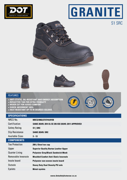 DOT Safety Boot Granite Oil And Acid Steel Toe Black SABS - Premium Safety Boots from DOT Footwear - Just R 568! Shop now at Securadeal