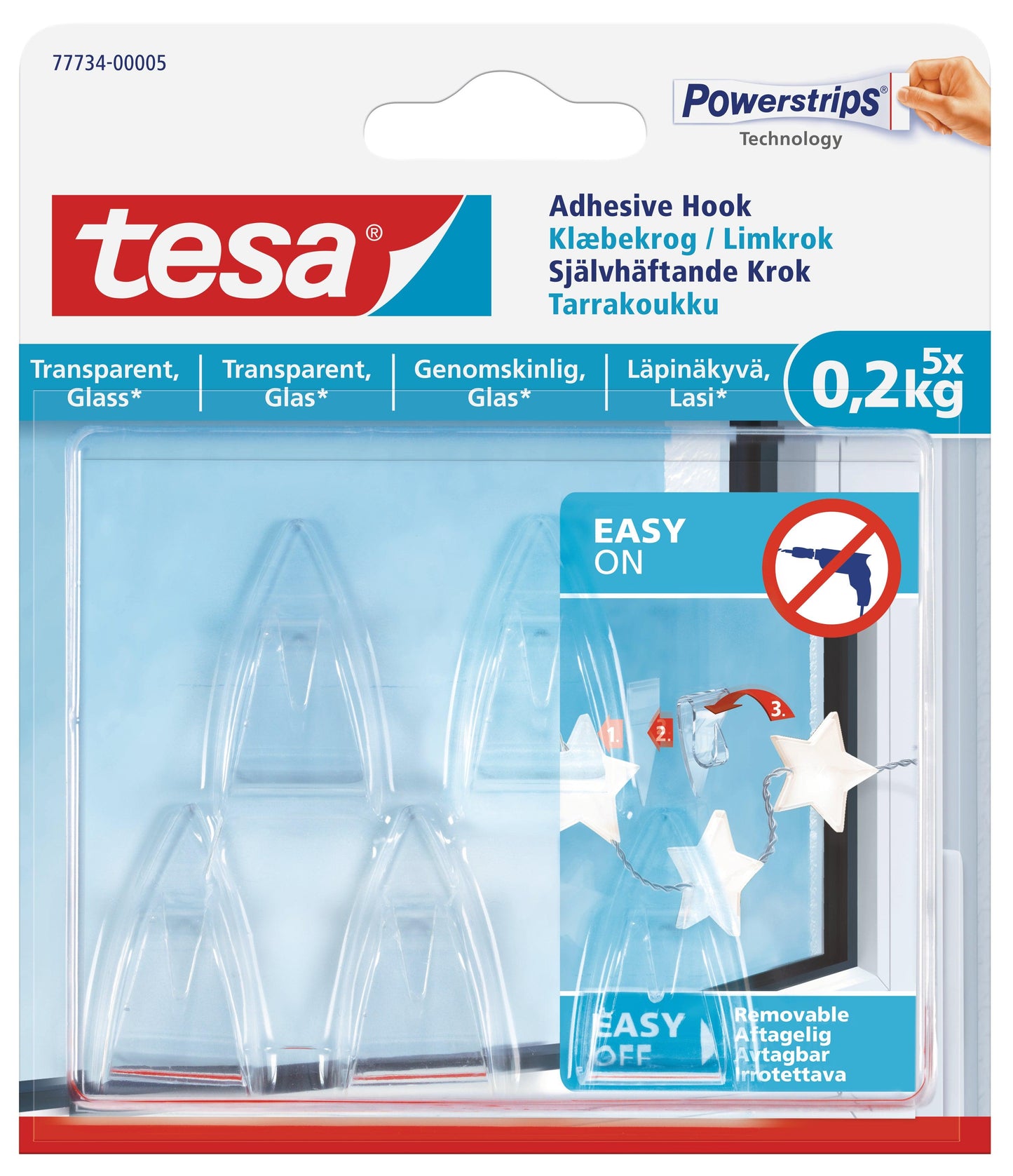 TESA Adhesive Hooks- Transparent Surface Small 5 Hooks 0,2kg