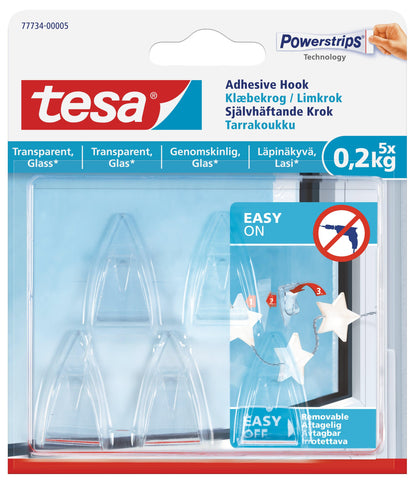 TESA Adhesive Hooks- Transparent Surface Small 5 Hooks 0,2kg