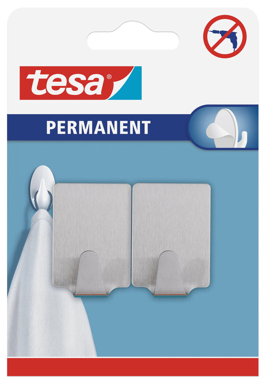 TESA Permanent Hooks Rectangular Large Metal 2 Hooks Stainless Steel