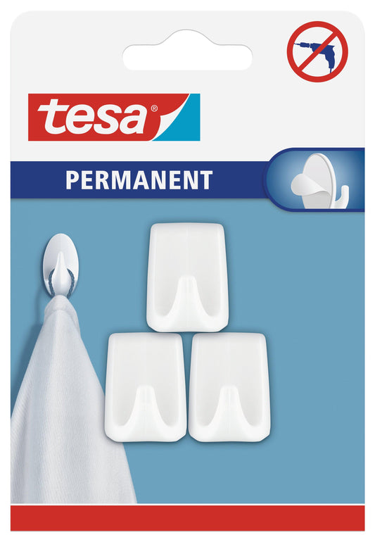 TESA Permanent Hooks Rectangular Small 3 Hooks/ 4 Strips White