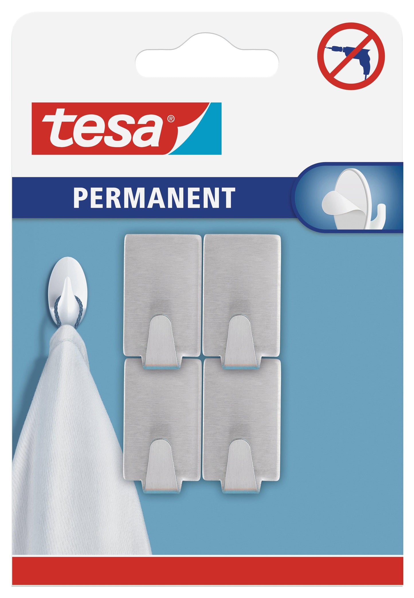 TESA Permanent Hooks Rectangular Small Metal 3 Hooks Stainless Steel