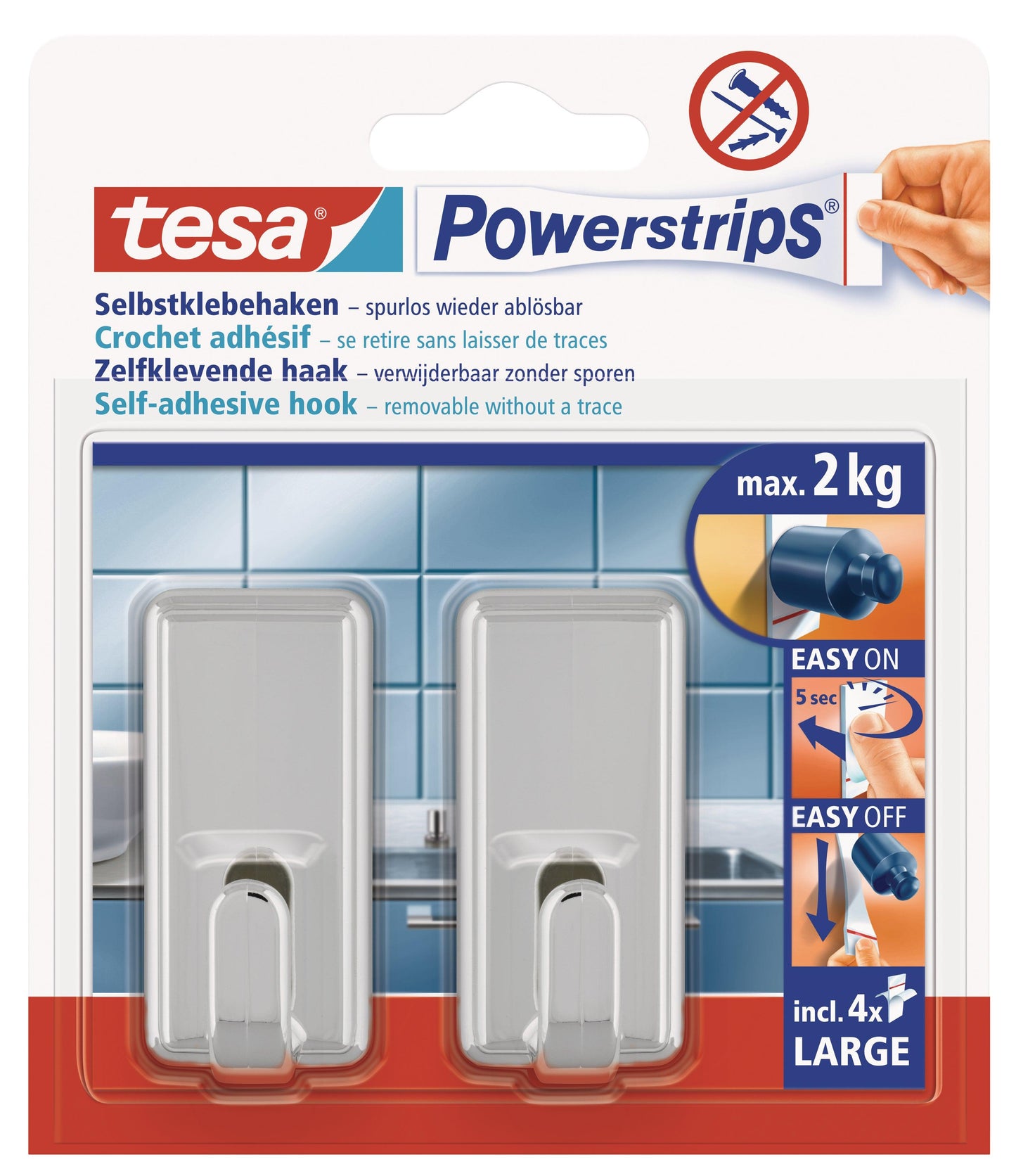 TESA Powerstrips Hooks Large Rectangular Classic 2 Hooks/4 Strips Chrome