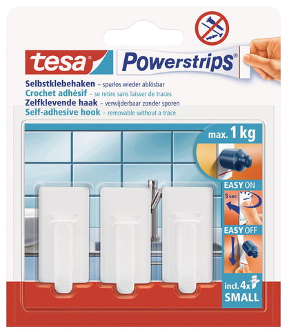 TESA Powerstrips Hooks Small Rectangular Classic 3 Hooks/ 4 Strips White