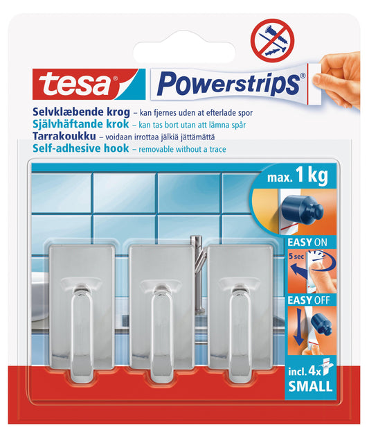 TESA Powerstrips Hooks Small Rectangular Classic 3 Hooks/4 Strips Chrome