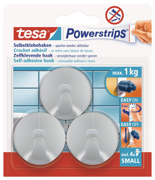 TESA Powerstrips Hooks Small Round 3 Hooks/4 Strips Chrome Matt