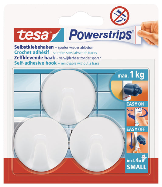 TESA Powerstrips Hooks Small Round 3 Hooks/4 Strips White